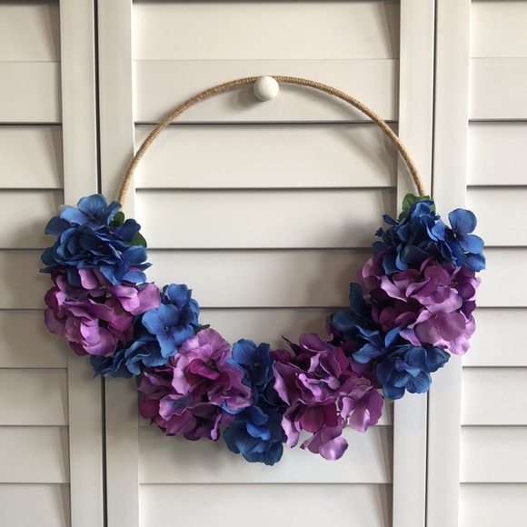 Blue Purple Hydrangea Azalea Floral Decor Twine Tweed Hoop Wreath - Picture 2 of 5